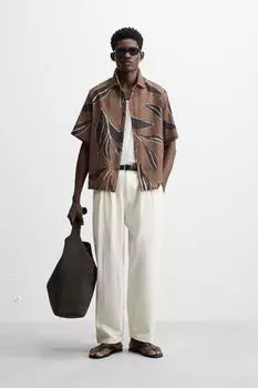 Рубашка с принтом в виде листьев ZARA, коричневый