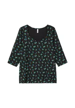 Рубашка с рукавом 3/4, цветочным принтом и вырезом в форме сердца Sheego, цвет Schwarz Gemustert