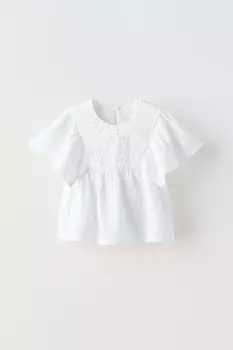 Рубашка с текстурной цветочной вышивкой ZARA, белый