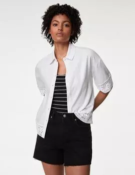 Рубашка с воротником из льна и вязанным крючком Marks & Spencer, белый