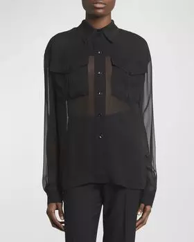 Рубашка с воротником из шелкового шифона Saint Laurent, цвет Nero