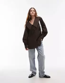 Рубашка с воротником-стойкой из поплина коричневого цвета Topshop