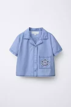 Рубашка с вышитым цветком ZARA, средне-синий