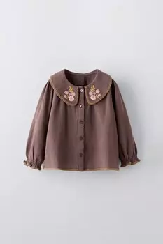 Рубашка с вышитым цветочным узором ZARA, коричневый