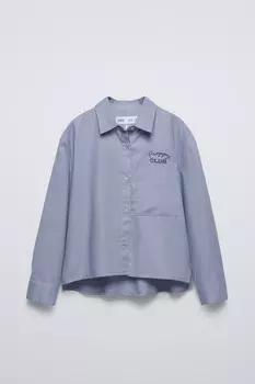 Рубашка с вышитым карманом ZARA, голубоватый