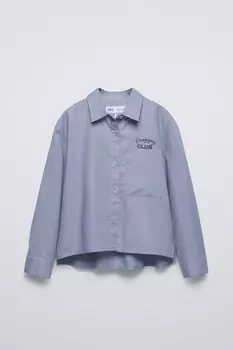Рубашка с вышитым карманом ZARA, голубоватый