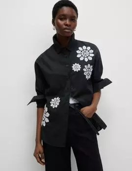 Рубашка с вышитым воротником из чистого хлопка Marks & Spencer, черный