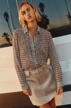 Рубашка с вышитым жабо ZARA, экрю/черный