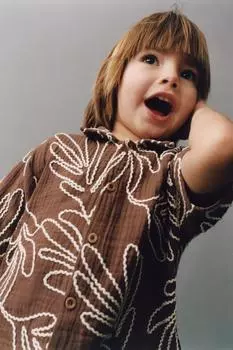 Рубашка с вышитыми листьями ZARA, коричневый