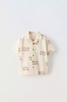 Рубашка с вышивкой рыбы ZARA, экрю