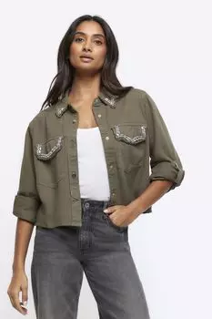 Рубашка с закатанными рукавами и декоративным карманом River Island, зеленый