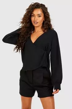 Рубашка с запахом на поясии передней части Boohoo, черный