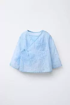 Рубашка с запахом в цветочек из органзы ZARA, небесно-синий