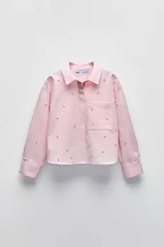 Рубашка с жемчугом и стразами ZARA, темно-розовый