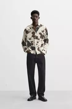 Рубашка с животным принтом ZARA, коричневый/белый