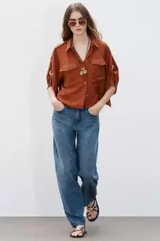 Рубашка сафари с коротким рукавом ZARA, цвет Brick