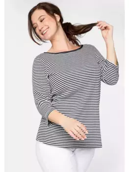 Рубашка Sheego с рукавом 3/4 "Большие размеры" из ребристой ткани с полосками, окрашенными в пряжу, цвет морской волны