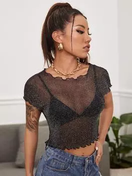 Рубашка SHEIN BAE, неровные края, блестки, прозрачная ткань (бюстгальтер в комплект не входит), черный цвет