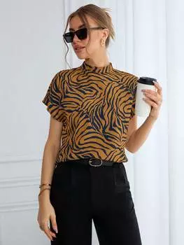 Рубашка SHEIN Essnce, анималистический принт, круглый вырез, рукава «летучая мышь», многоцветный