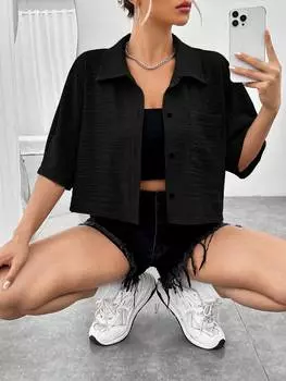 Рубашка SHEIN EZwear, однотонная, пуговицы спереди. накладной карман, черный цвет