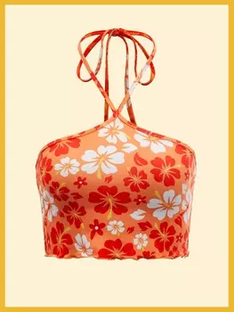 Рубашка SHEIN ICON, цветочный узор, волнистые края, завязка, открытая спина, бретелька на шее, многоцветный