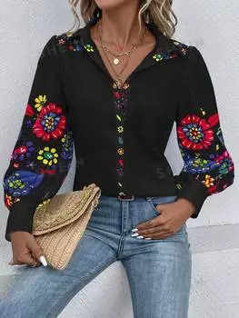 Рубашка Shein Lune с цветочным принтом, черный