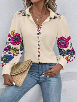 Рубашка Shein Lune с длинным рукавом и отложным воротником, абрикосовый