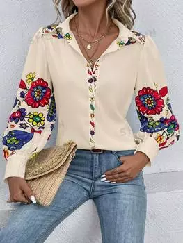 Рубашка Shein Lune с длинным рукавом и цветочным принтом, абрикосовый