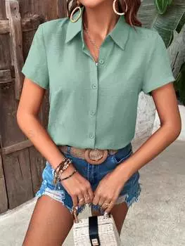 Рубашка Shein Lune с короткими рукавами, зеленый