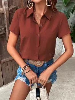 Рубашка Shein Lune с пеговицами, коричневый