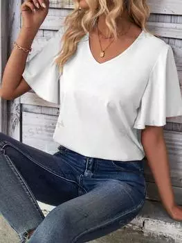 Рубашка Shein Lune с V-образным вырезом и рукавами-бабочками, белый