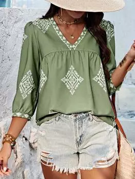 Рубашка Shein Lune с V-образным вырезом и случайным принтом, зеленый