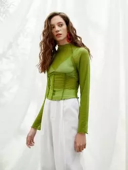 Рубашка SHEIN Priv, высокий воротник, фестончатый край, рукава реглан, оливково-зеленый