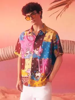 Рубашка Shein с мультяшным лоскутным принтом, ярко-розовый