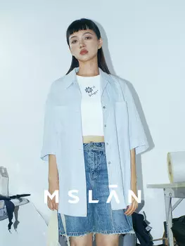 Рубашка шелковая MSlan 2024 с двумя карманами и короткими рукавами, синий