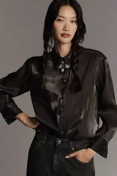 Рубашка шелковая на пуговицах Anthropologie с переливающимся принтом, черный