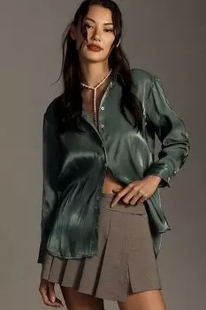 Рубашка шелковая на пуговицах Anthropologie с переливающимся принтом, зеленый