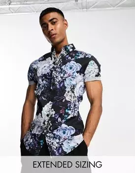 Рубашка скинни эластичного цвета с черно-фиолетовым цветочным принтом ASOS DESIGN 'Michael'