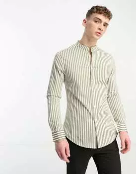 Рубашка скинни в полоску с дедушкиным воротником цвета хаки ASOS DESIGN