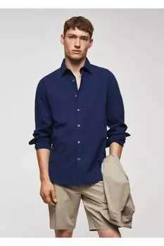 Рубашка Slim Fit из хлопка из жатого хлопка Mango, синий