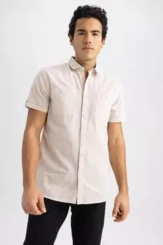 Рубашка Slim Fit из поплина с короткими рукавами DeFacto, бежевый