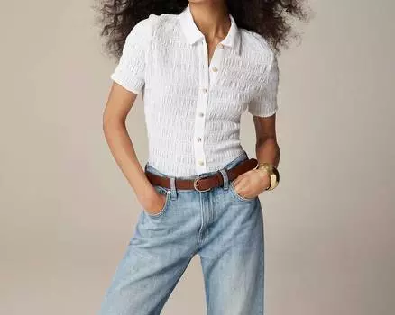 Рубашка со сборками на пуговицах из вуали с добавлением хлопка белого цвета J.Crew