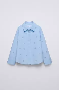 Рубашка со стразами ZARA, светло-голубой