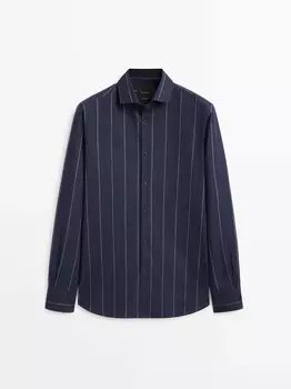 Рубашка стандартного кроя в полоску из смеси хлопка и льна Massimo Dutti, темно-синий