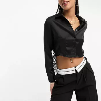 Рубашка Stradivarius Cropped Satin, черный