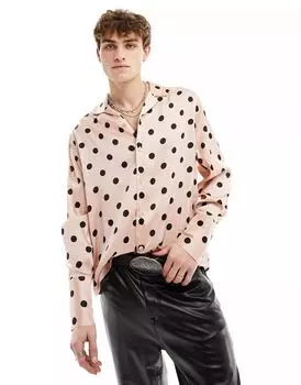 Рубашка свободного кроя ASOS из шелка пыльно-розового цвета с широкими манжетами и в горошек