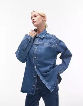 Рубашка свободного кроя из денима ASOS DESIGN с жемчужными вставками в средне-синем цвете
