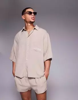 Рубашка свободного кроя из льняной смеси ASOS DESIGN коричневого цвета с вышивкой на груди
