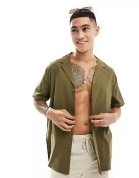 Рубашка свободного кроя из смесового льна темного цвета хаки ASOS с глубоким воротником с лацканами