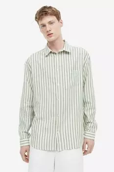 Рубашка свободного кроя из смесового льна H&M, зеленая/белая полоска